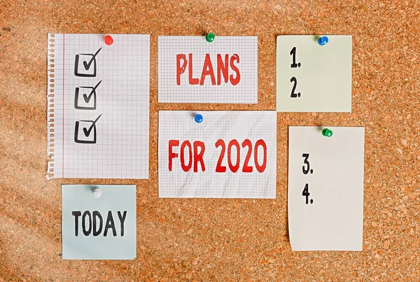 Conceptual hand writing showing Plans For 2020. Business photo text an intention or decision about what one is going to do Corkboard size paper thumbtack sheet billboard notice board. — Stock Photo, Image