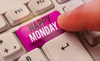 El yazısı metin Happy Monday. Kavram anlamı ona büyük yeni bir hafta dilemek için sipariş gösteren söylüyorum.