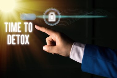 Zaman Detoks gösteren kavramsal el yazısı. Vücudunuzu toksinlerden arındırdığınızda veya ilaç tüketmeyi bıraktığınızda iş fotoğrafı metni.