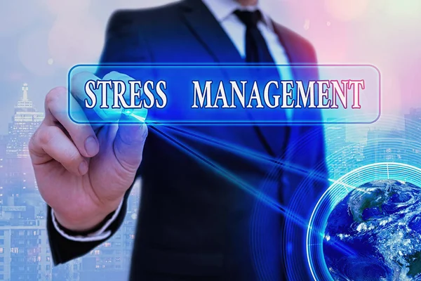 Tekst schrijven Stress Management. Bedrijfsconcept voor methode van het beperken van stress en de effecten ervan door het leren van manieren Elementen van dit beeld geleverd door Nasa. — Stockfoto