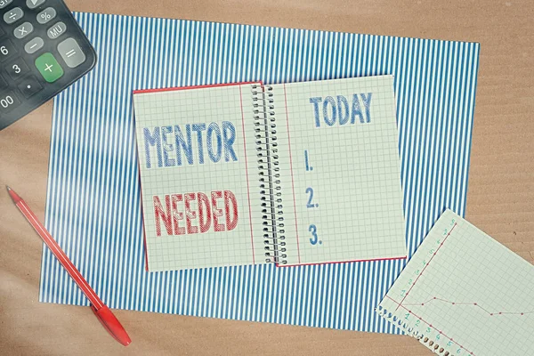 Handwriting text writing Mentor Needed. Concept meaning Employee training under senior assigned act as advisor Striped paperboard notebook cardboard office study supplies chart paper.