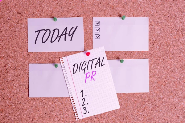 Writing note showing Digital Pr. Business photo showcasing marketing strategy used to increase their online presence Corkboard size paper thumbtack sheet billboard notice board.