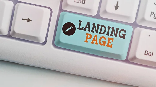 Escritura manual conceptual mostrando Landing Page. Texto de la foto comercial Página web a la que llega un usuario después de hacer clic en un hipervínculo . —  Fotos de Stock