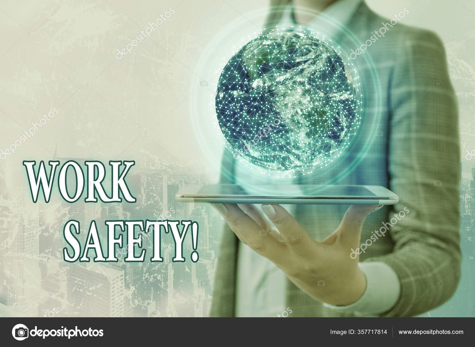 Conceptual hand writing showing Work Safety. Business photo showcasing  policies and procedures in place to ensure health of employees Elements of  this image furnished by NASA. Stock Photo by ©artursz 357717814