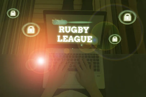 Rugby Ligi 'nde kelime yazarlığı. 13 oyuncudan oluşan takımlar arasında oynanan rugby futbolu konsepti. — Stok fotoğraf