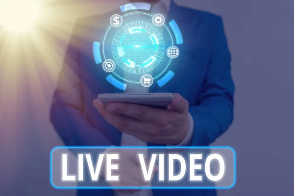 Writing note showing Live Video. Business photo showcasing broadcast a live video or streamingfeed to an online audience. — 스톡 사진