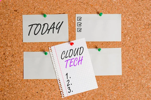 Writing note showing Cloud Tech. Business photo showcasing storing and accessing data and programs over the Internet Corkboard size paper thumbtack sheet billboard notice board.