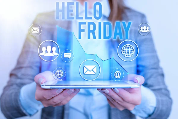 Conceptual hand writing showing Hello Friday. Business photo showcasing used to express happiness from beginning of fresh week. — Stock Photo, Image