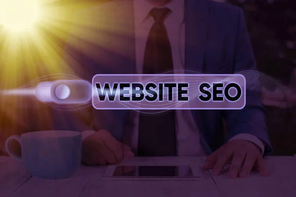 Segno di testo che mostra il sito web Seo. Tattiche fotografiche concettuali utilizzate per aumentare il numero di visitatori di un sito web . — Foto Stock