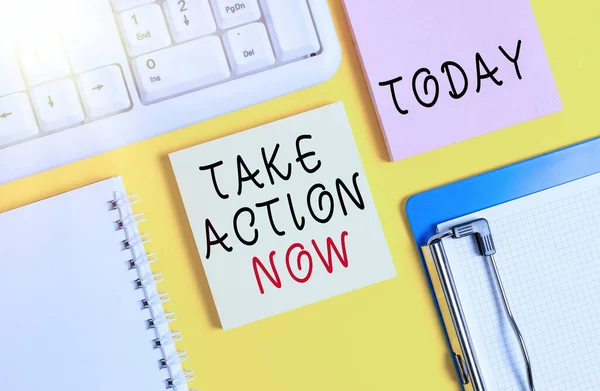 Word writing text Take Action Now. Business concept for do something official or concerted achieve aim with problem Empty papers with copy space on yellow background table. — Stock Photo, Image