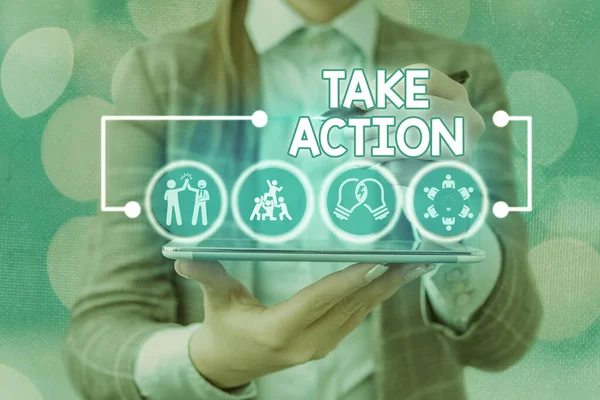 Texto para escrita de palavras Take Action. Conceito de negócio para fazer algo oficial ou concertado para alcançar o objetivo com problema . — Fotografia de Stock