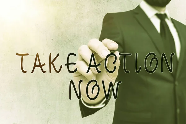 Writing note showing Take Action Now. Business photo showcasing do something official or concerted achieve aim with problem. — Stock Photo, Image