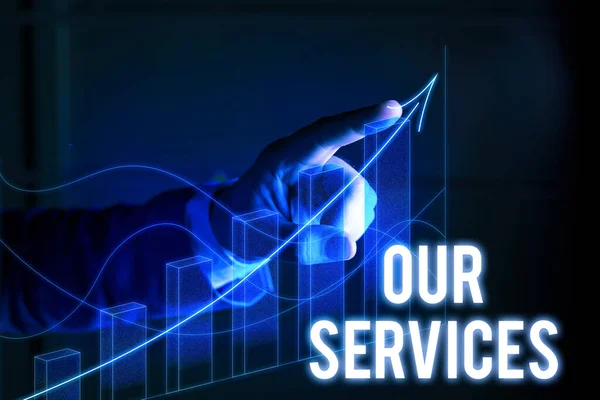 Ordskrivning Våra tjänster. Affärsidé för ockupation eller funktion av servering av immateriella produkter. — Stockfoto