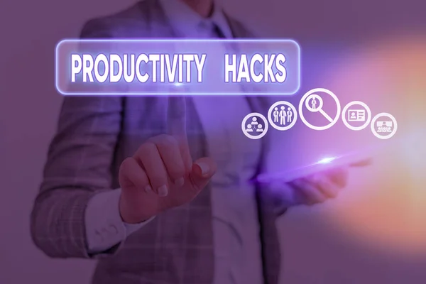 Ecriture conceptuelle montrant Productivity Hacks. Trucs de texte photo d'affaires que vous obtenez plus fait dans la même quantité de temps . — Photo