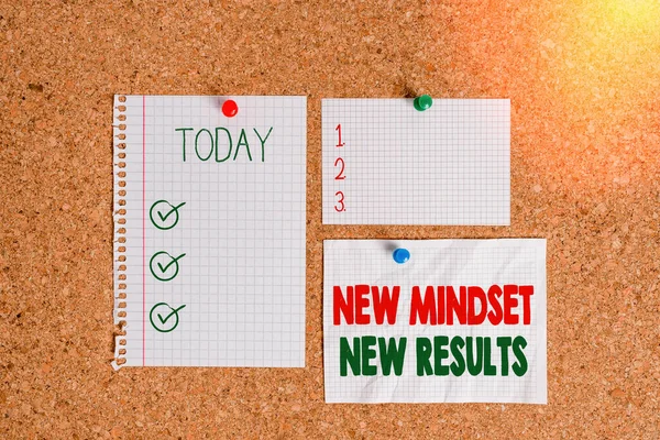 Text sign showing New Mindset New Results. Conceptual photo obstacles are opportunities to reach achievement Corkboard color size paper pin thumbtack tack sheet billboard notice board.