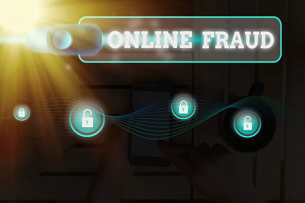 Teks tulisan kata Online Fraud. Konsep bisnis untuk penggunaan layanan Internet untuk menipu korban dan mencuri uang . — Stok Foto