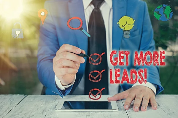 Escrita conceitual mostrando Get More Leads. Texto de foto de negócios para ter mais clientes e melhorar suas vendas alvo . — Fotografia de Stock