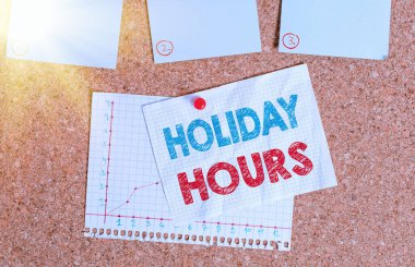 Holiday Hours 'u gösteren bir not yazıyorum. Çalışma saatleri esnek çalışma saatleri altında çalışanlar için iş fotoğrafı gösterimi. Mantar pano büyüklüğünde kağıt raptiye bildirim panosu..