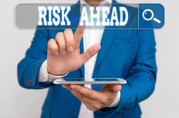 Conceptual hand writing showing Risk Ahead. Business photo text A probability or threat of damage, injury, liability, loss. — Stock Photo, Image