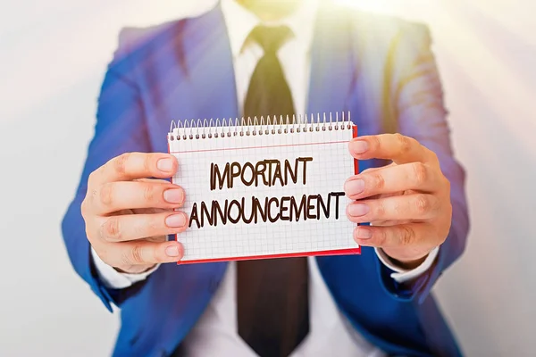 Writing note showing Important Announcement. Business photo showcasing spoken statement that tells showing about something Man holds empty paper with copy space in front of him Space.