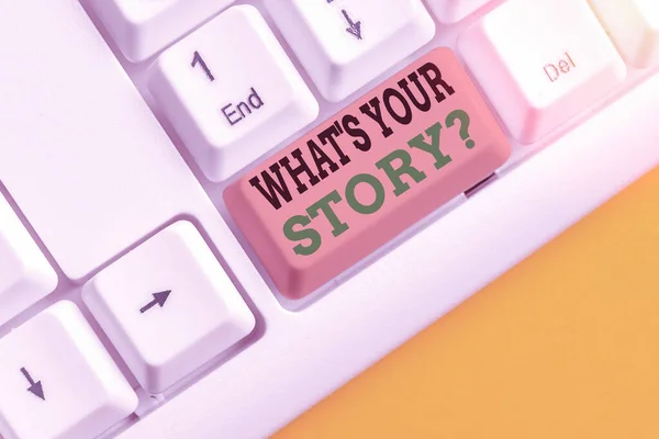 Schrijfbriefje met wat is uw verhaalvraag. Zakelijke foto presentatie manier van vragen over het verleden gebeurtenissen. — Stockfoto