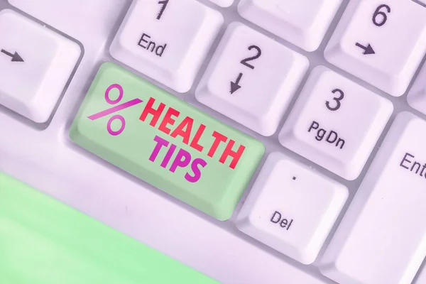 Handwriting text Health Tips. Concept meaning advice or information given to be helpful in being healthy.