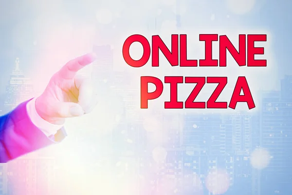 Nota de escrita mostrando Online Pizza. Foto de negócios mostrando entrega rápida de pizza à sua porta Encomendar alimentos online . — Fotografia de Stock