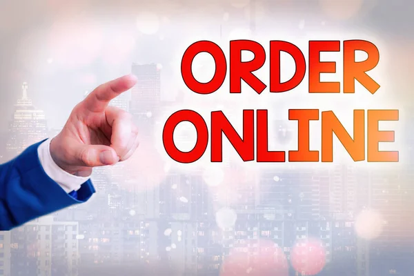Writing note showing Order Online. Business photo showcasing activity of buying products or services over the Internet. — Stockfoto