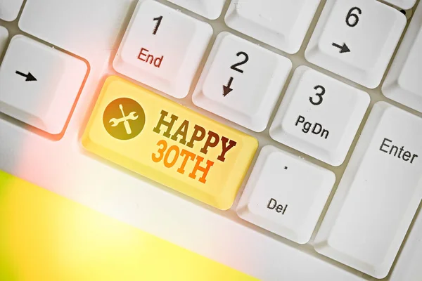 Writing note showing Happy 30Th. Business photo showcasing a joyful occasion for special event to mark the 30th year. — Stockfoto