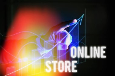 Online Metin Mağazası. Satılık eşyalar sunan ve kredi kartı kabul eden A web sitesi için iş konsepti.