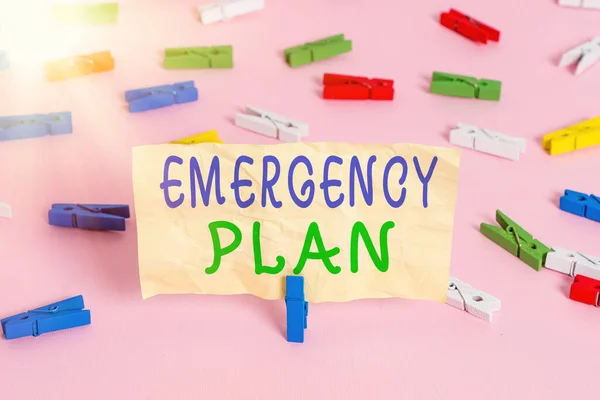 Text sign showing Emergency Plan. Conceptual photo procedures for handling sudden or unexpected situations Colored clothespin papers empty reminder pink floor background office pin.