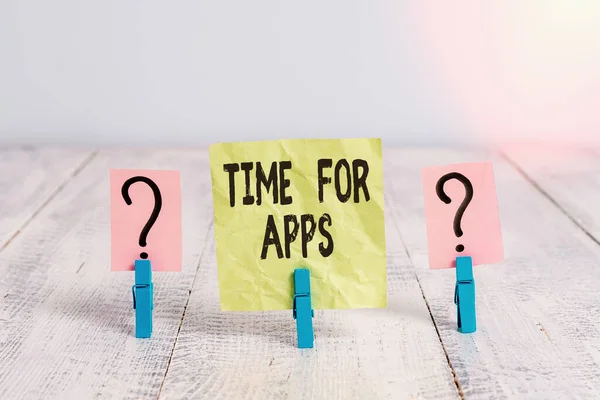 Text sign showing Time For Apps. Conceptual photo make use of application or services using the technologies Scribbled and crumbling sheet with paper clips placed on the wooden table.