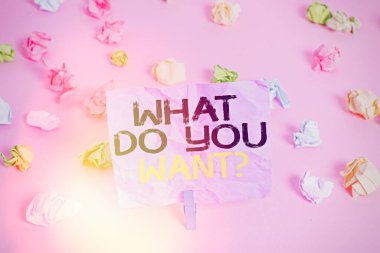 Kelime yazma metni. Ne istiyorsun? Soru. Renkli, buruşuk kağıtlar boş, hatırlatıcı, pembe zemin çamaşır mandalı hakkında soru sormak için iş konsepti.