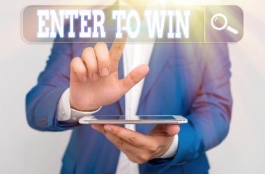 Enter To Win 'i gösteren kavramsal el yazısı. İş fotoğrafı metni ödül ya da kazanma şansı karşılığında bir şey takas ediyor.