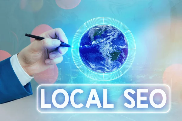 Conceptual hand writing showing Local Seo. Business photo text helps businesses promote products and services to local customers Elements of this image furnished by NASA. — Stock Photo, Image