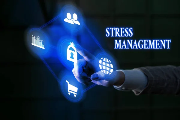 Escritura manual conceptual que muestra el manejo del estrés. Foto texto de negocios método de limitar el estrés y sus efectos mediante el aprendizaje de formas . — Foto de Stock