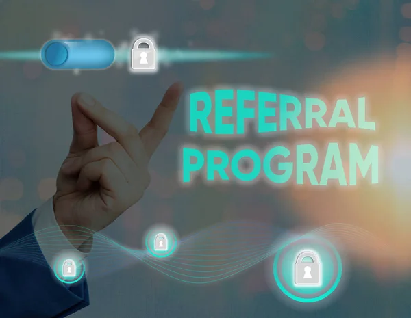 Conceptual hand writing showing Referral Program. Business photo showcasing employees are rewarded for introducing suitable recruits. — Stock Photo, Image