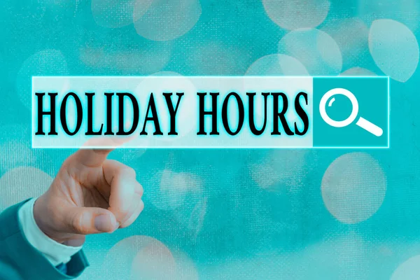 Writing note showing Holiday Hours. Business photo showcasing employee receives twice their normal pay for all hours. — Stock Photo, Image