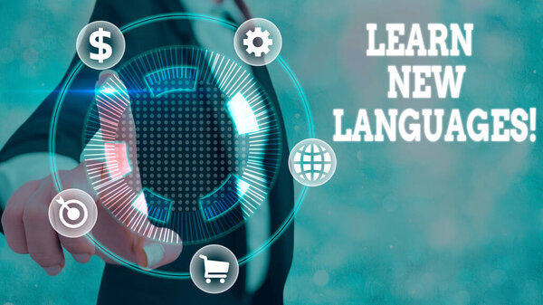 Writing note showing Learn New Languages. Business photo showcasing developing ability to communicate in foreign lang.