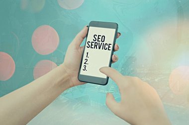 Seo Servisini gösteren kavramsal el yazısı. Web sitesinin görünürlüğünü artırmak için iş fotoğrafı metni teknikleri ve prosedürleri.