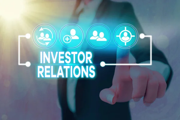 Konceptuell handskrift som visar Investor Relations. Företagsfoto visar upp ledningsansvar som integrerar finans. — Stockfoto
