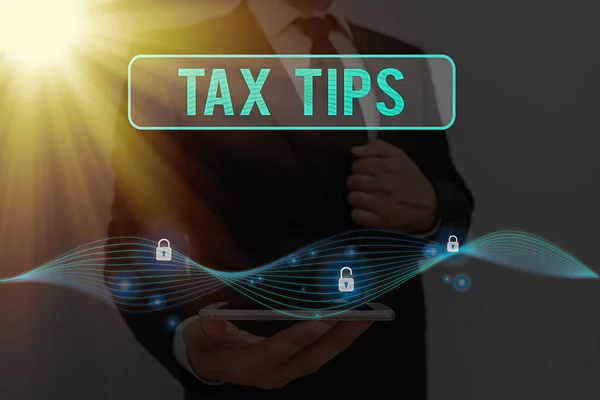 Writing note showing Tax Tips. Business photo showcasing compulsory contribution to state revenue levied by government. — Stock Photo, Image