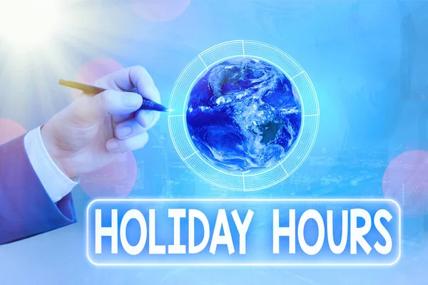 Holiday Hours 'u gösteren kavramsal el yazısı. NASA tarafından desteklenen bu görüntünün esnek çalışma çizelgeleri altında çalışanlar için mesai fazlası iş metni. — Stok fotoğraf