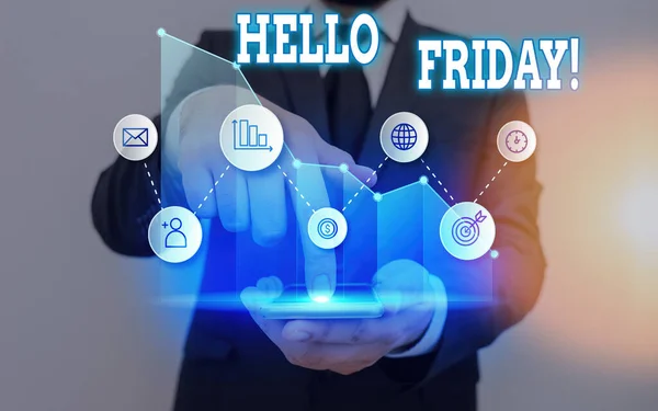 Tekst teken dat Hello Friday weergeeft. Conceptuele foto gebruikt om geluk te uiten vanaf het begin van de frisse week. — Stockfoto