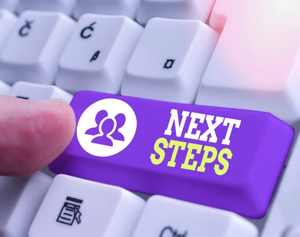 Kézírás szövegírás Next Steps. Fogalom jelentése valami, amit csinálsz vagy tervezel, miután befejeztél valami mást.. — Stock Fotó
