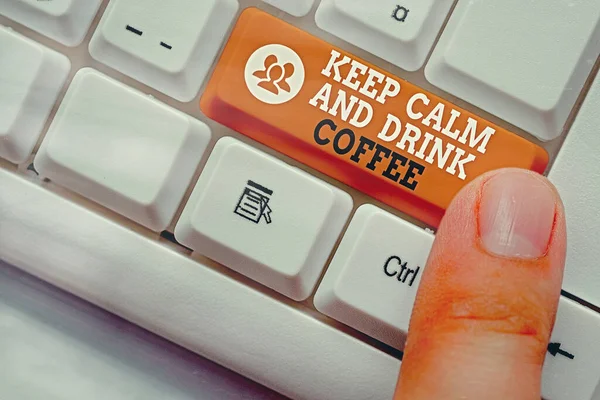 Text sign showing Keep Calm And Drink Coffee. Conceptual photo encourage to enjoy caffeine drink and relax. — Stock Photo, Image