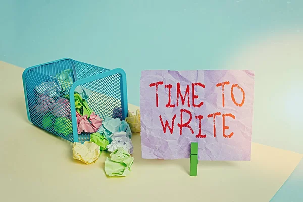 Writing note showing Time To Write. Business photo showcasing to record something or to express an idea in paper or book Trash bin crumpled paper clothespin reminder office supplies.