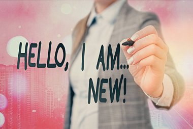 Kelime yazma metni Merhaba Ben yeniyim. Kullanılmış selamlama veya telefon görüşmesi için iş kavramı.