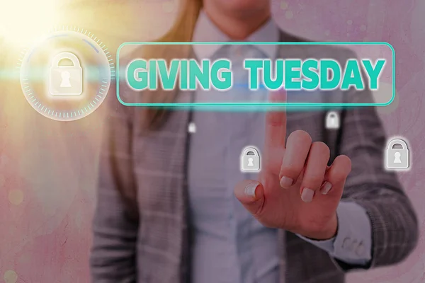 Conceptual hand writing showing Giving Tuesday. Business photo showcasing international day of charitable giving Hashtag activism.