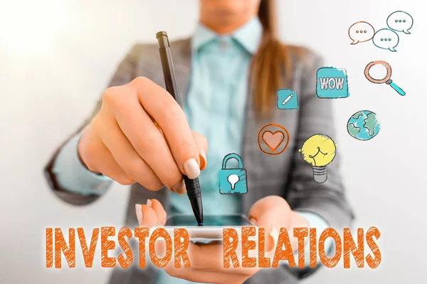 Textskylt som visar Investor Relations. Konceptuell fotohantering ansvar som integrerar finansiering. — Stockfoto